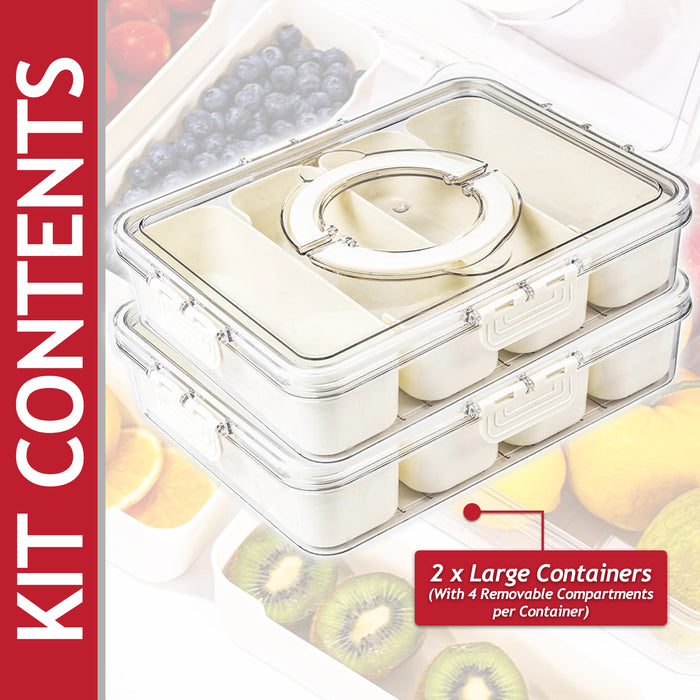 Food Storage Containers with Securing Clips Lid and 4 Removable Divider Compartments (Large, Pack of 2)