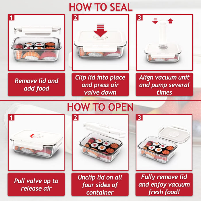 Vacuum Food Storage Glass Containers with Securing Clips Lids (Small, Medium, Large) + Manual Sealing Pump