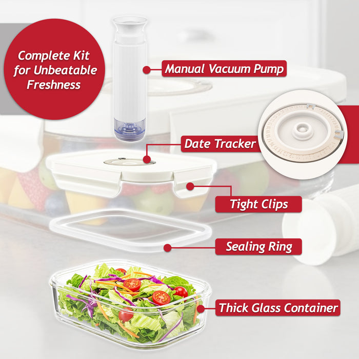 Vacuum Food Storage Glass Container with Securing Clips Lid + Manual Sealing Pump (Medium, 1040ml)