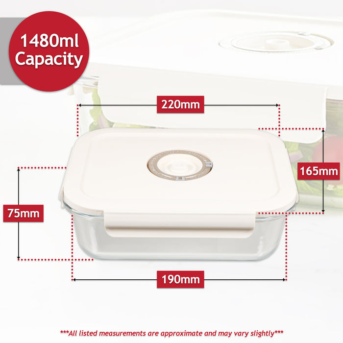 Vacuum Food Storage Glass Container with Securing Clips Lid + Manual Sealing Pump (Large, 1480ml)