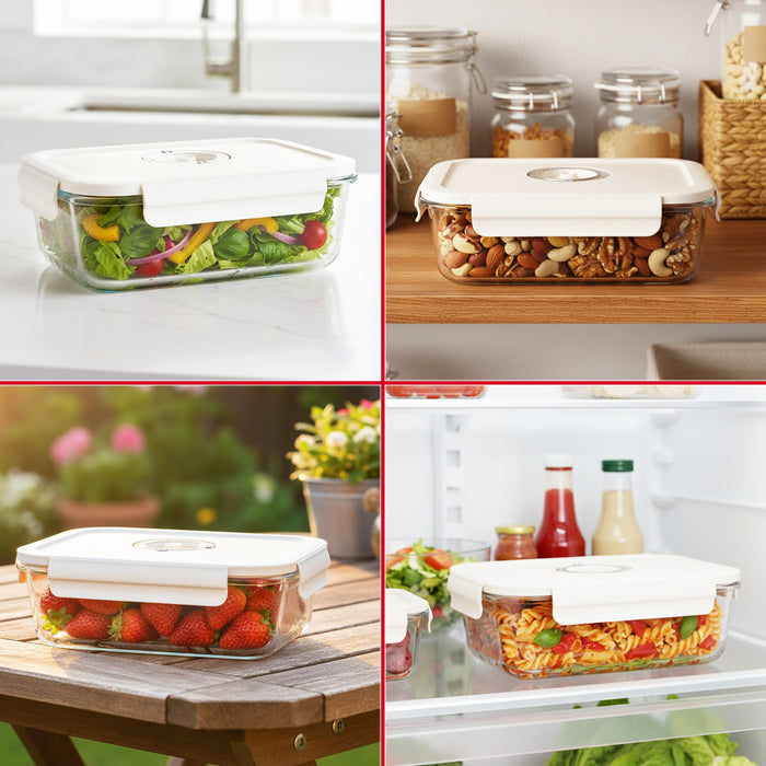 Vacuum Food Storage Glass Container with Securing Clips Lid + Manual Sealing Pump (Large, 1480ml)