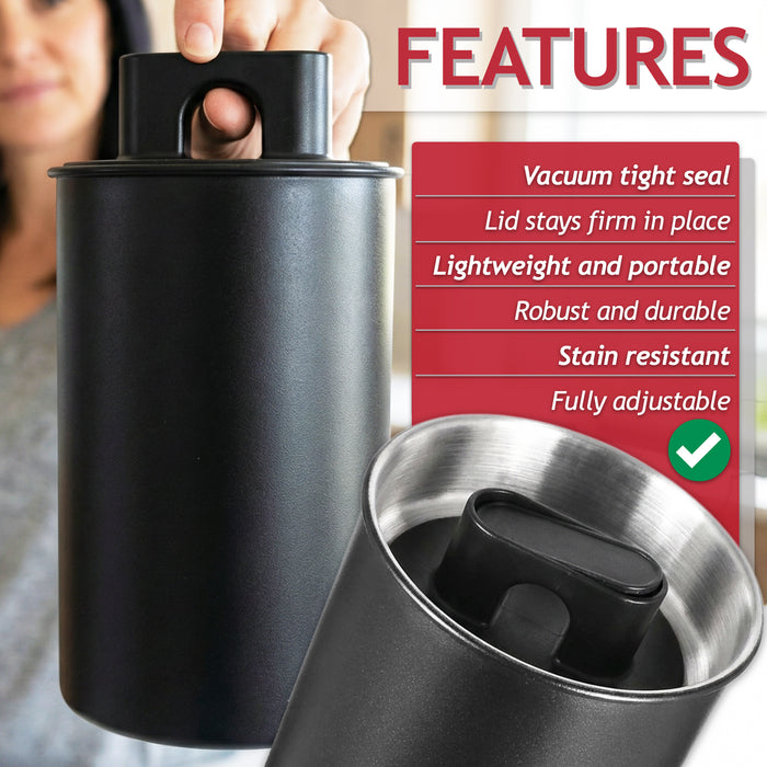 Airtight Coffee Canister Vacuum Seal Lid Stainless Steel Powder Coated Matt Black Storage Container Jar (Large, 1050ml Capacity)