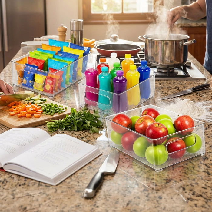 Storage Container Organiser Trays Clear Fridge Food Drink Pantry Cupboard Household Storing Drawers Small Medium Large Set (Pack of 3)