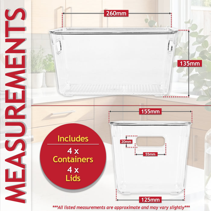 Stackable Storage Container Organiser Box Trays with Lids Clear Fridge Food Drink Pantry Cupboard Household Storing Drawers Set (Pack of 4)