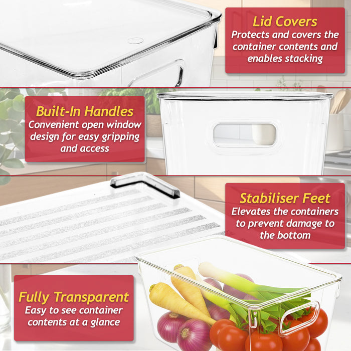 Stackable Storage Container Organiser Box Trays with Lids Clear Fridge Food Drink Pantry Cupboard Household Storing Drawers Set (Pack of 4)