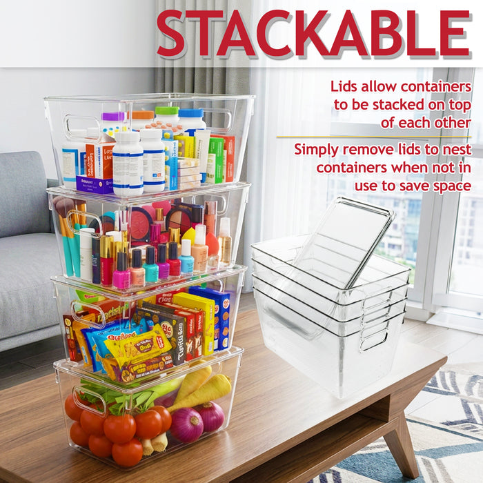 Stackable Storage Container Organiser Box Trays with Lids Clear Fridge Food Drink Pantry Cupboard Household Storing Drawers Set (Pack of 4)