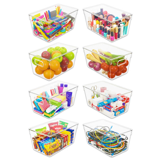 Stackable Storage Container Organiser Box Trays with Lids Clear Fridge Food Drink Pantry Cupboard Household Storing Drawers Set (Pack of 8)