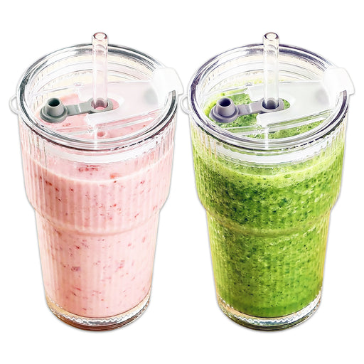 Glass Tumbler with Straw and Lid Thick Clear Ribbed 3-in-1 Cup Glasses (600ml Capacity, Pack of 2)