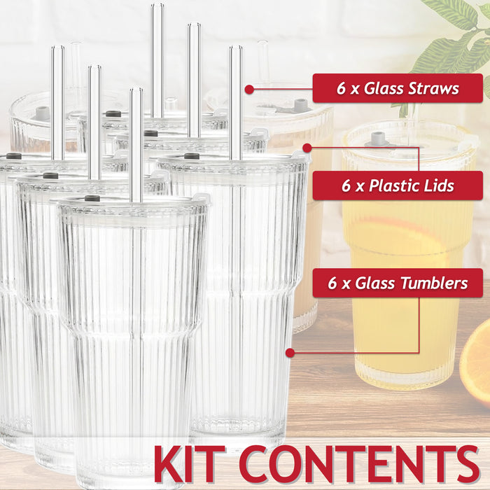 Glass Tumblers with Straws and Lids Thick Clear Ribbed 3-in-1 Cup Glasses (600ml Capacity, Pack of 6)