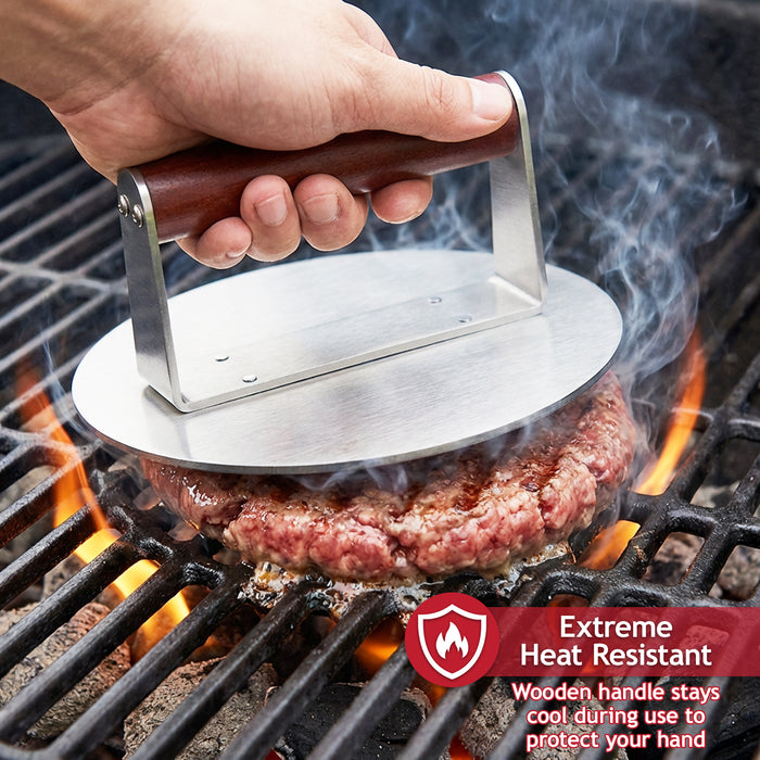 Stainless Steel Burger Press Non Stick BBQ Meat Grilling Smasher Tool with Heat Resistant Wooden Handle (6.3" Diameter)