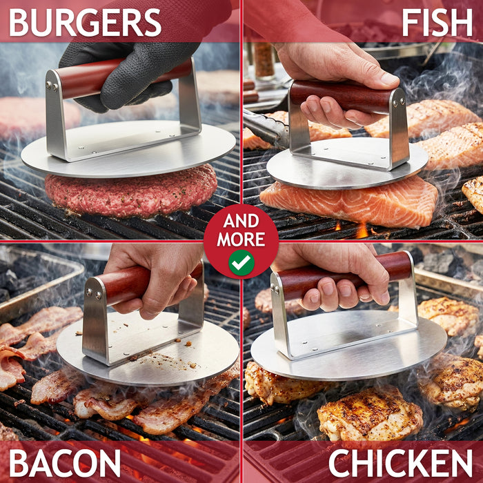 Stainless Steel Burger Press Non Stick BBQ Meat Grilling Smasher Tool with Heat Resistant Wooden Handle (6.3" Diameter)