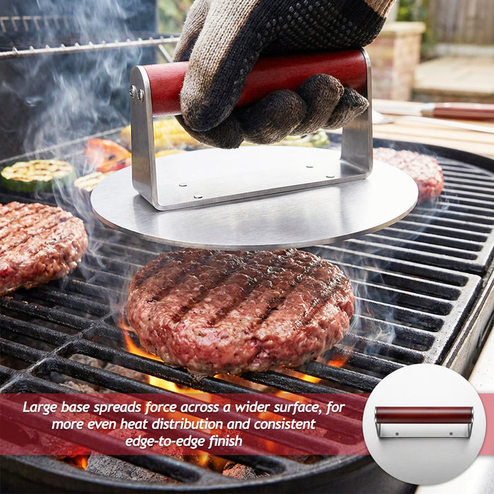 Stainless Steel Burger Press Non Stick BBQ Meat Grilling Smasher Tool with Heat Resistant Wooden Handle (6.3" Diameter)