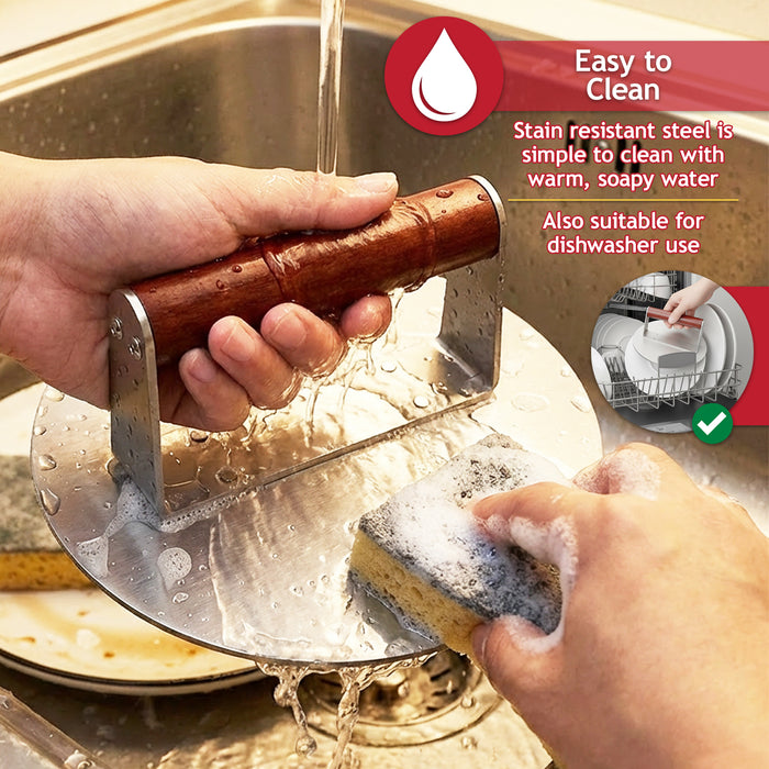 Stainless Steel Burger Press Non Stick BBQ Meat Grilling Smasher Tool with Heat Resistant Wooden Handle (6.3" Diameter)