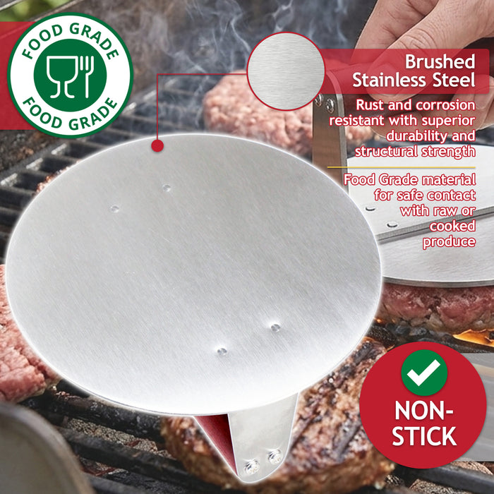 Stainless Steel Burger Press Non Stick BBQ Meat Grilling Smasher Tool with Heat Resistant Wooden Handle (6.3" Diameter)