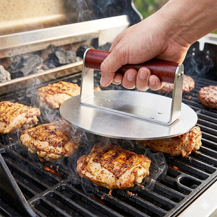 Stainless Steel Burger Press Non Stick BBQ Meat Grilling Smasher Tool with Heat Resistant Wooden Handle (6.3" Diameter)