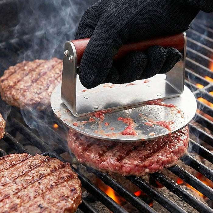 Stainless Steel Burger Press Non Stick BBQ Meat Grilling Smasher Tool with Heat Resistant Wooden Handle (6.3" Diameter)