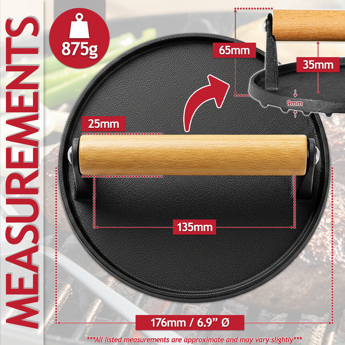 Cast Iron Burger Press Heavy Duty BBQ Meat Grilling Smasher Tool with Heat Resistant Wooden Handle (6.9" Diameter)