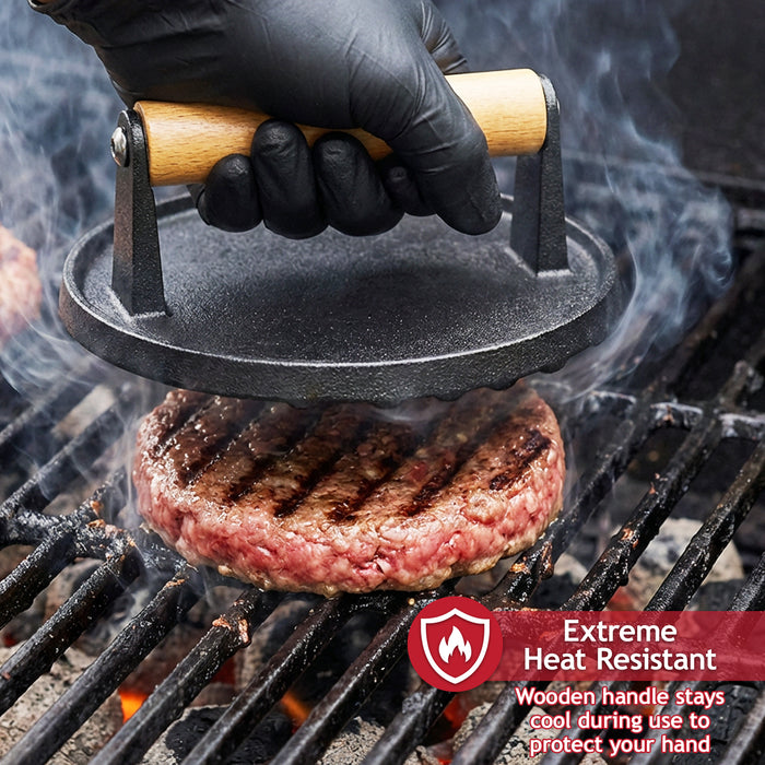 Cast Iron Burger Press Heavy Duty BBQ Meat Grilling Smasher Tool with Heat Resistant Wooden Handle (6.9" Diameter)
