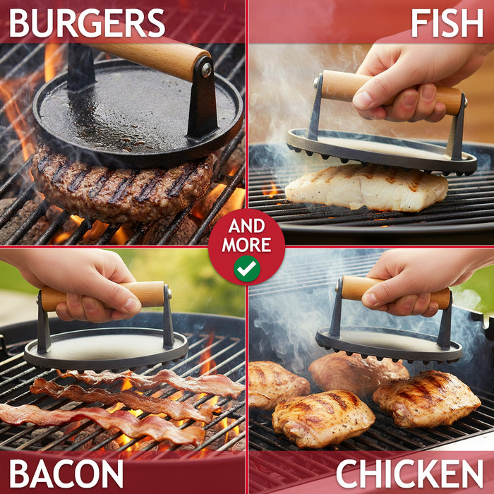 Cast Iron Burger Press Heavy Duty BBQ Meat Grilling Smasher Tool with Heat Resistant Wooden Handle (6.9" Diameter)