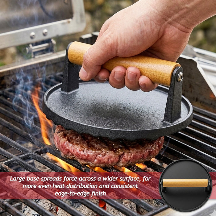 Cast Iron Burger Press Heavy Duty BBQ Meat Grilling Smasher Tool with Heat Resistant Wooden Handle (6.9" Diameter)