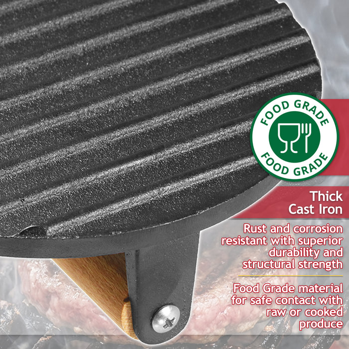 Cast Iron Burger Press Heavy Duty BBQ Meat Grilling Smasher Tool with Heat Resistant Wooden Handle (6.9" Diameter)