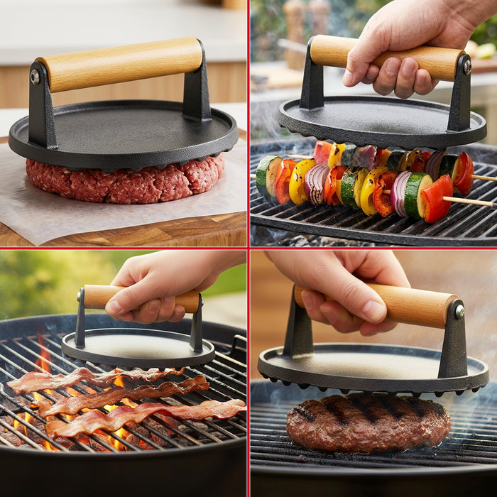 Cast Iron Burger Press Heavy Duty BBQ Meat Grilling Smasher Tool with Heat Resistant Wooden Handle (6.9" Diameter)