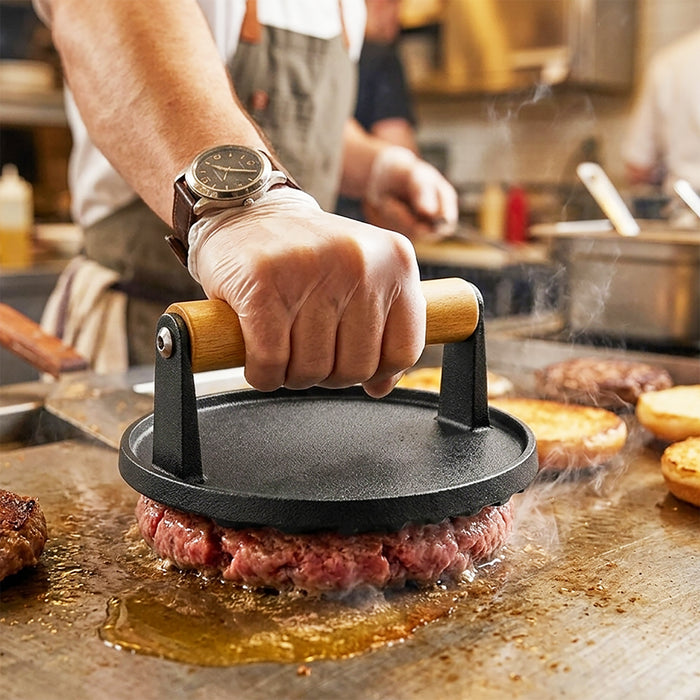 Cast Iron Burger Press Heavy Duty BBQ Meat Grilling Smasher Tool with Heat Resistant Wooden Handle (6.9" Diameter)
