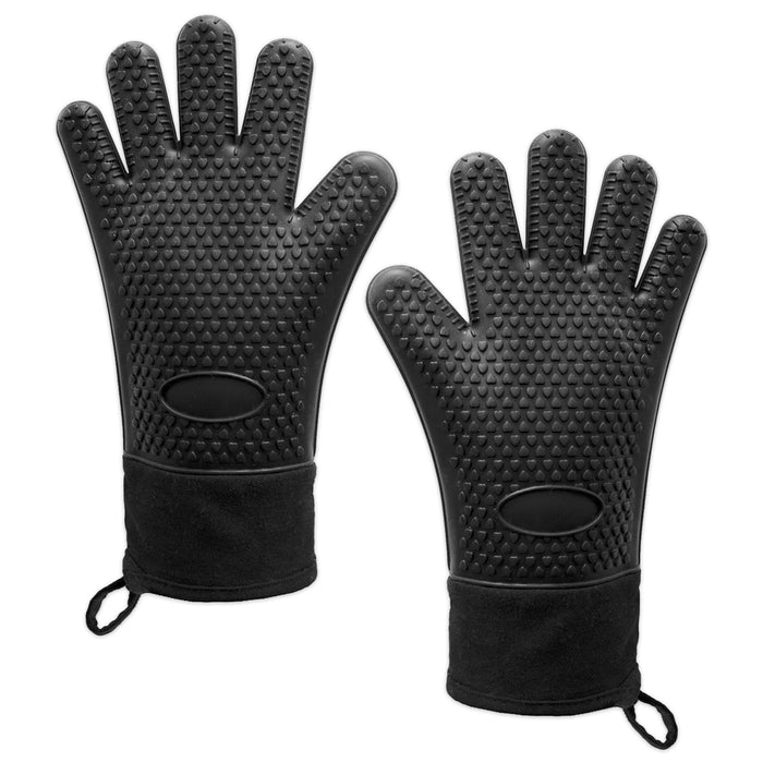 BBQ Grilling Gloves Heat Resistant Non Slip Silicone Forearm Protection Barbecue Grill Oven Mitts (Large, Black)