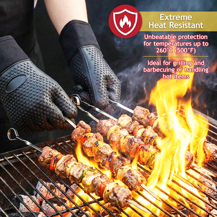 BBQ Grilling Gloves Heat Resistant Non Slip Silicone Forearm Protection Barbecue Grill Oven Mitts (Large, Black)