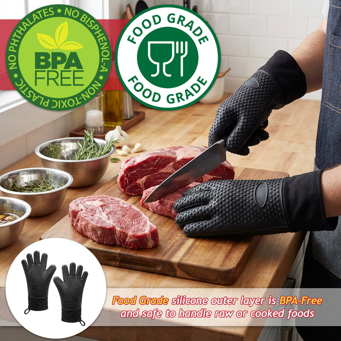 BBQ Grilling Gloves Heat Resistant Non Slip Silicone Forearm Protection Barbecue Grill Oven Mitts (Large, Black)