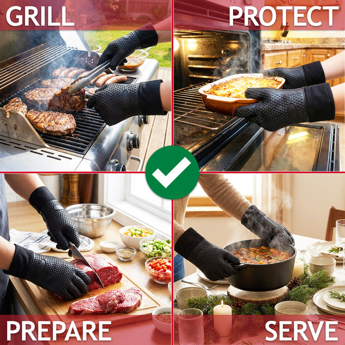 BBQ Grilling Gloves Heat Resistant Non Slip Silicone Forearm Protection Barbecue Grill Oven Mitts (Large, Black)