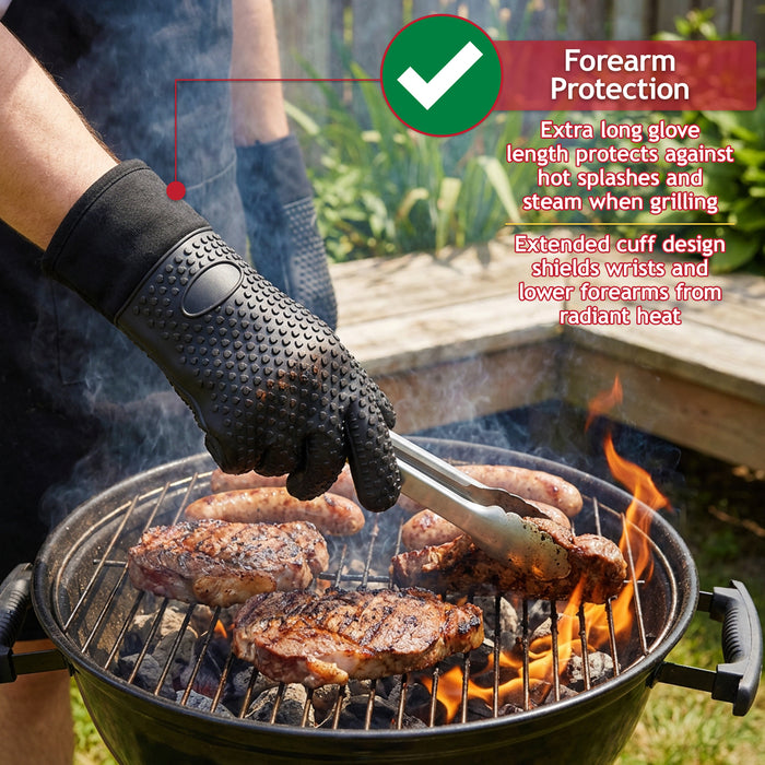 BBQ Grilling Gloves Heat Resistant Non Slip Silicone Forearm Protection Barbecue Grill Oven Mitts (Large, Black)