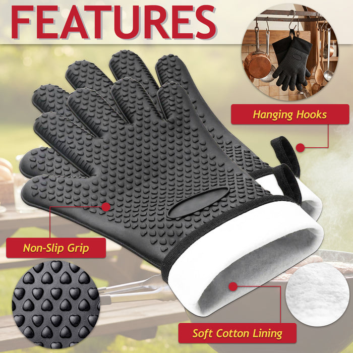 BBQ Grilling Gloves Heat Resistant Non Slip Silicone Forearm Protection Barbecue Grill Oven Mitts (Large, Black)