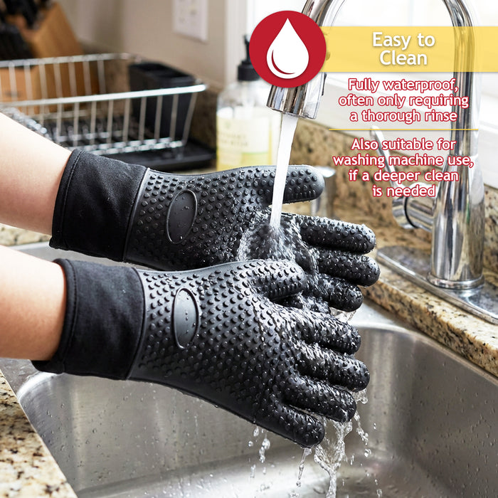 BBQ Grilling Gloves Heat Resistant Non Slip Silicone Forearm Protection Barbecue Grill Oven Mitts (Large, Black)