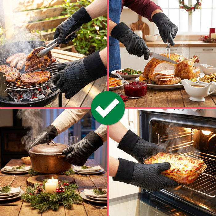 BBQ Grilling Gloves Heat Resistant Non Slip Silicone Forearm Protection Barbecue Grill Oven Mitts (Large, Black)