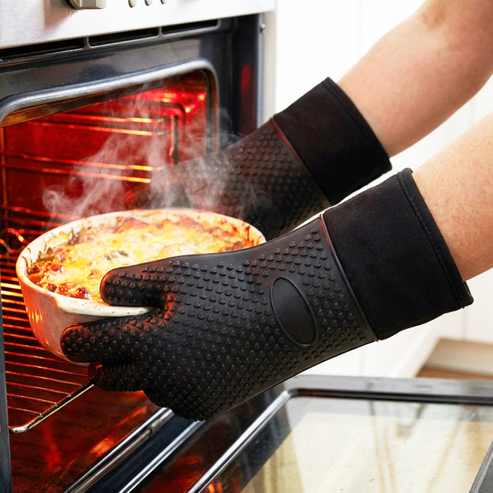 BBQ Grilling Gloves Heat Resistant Non Slip Silicone Forearm Protection Barbecue Grill Oven Mitts (Large, Black)