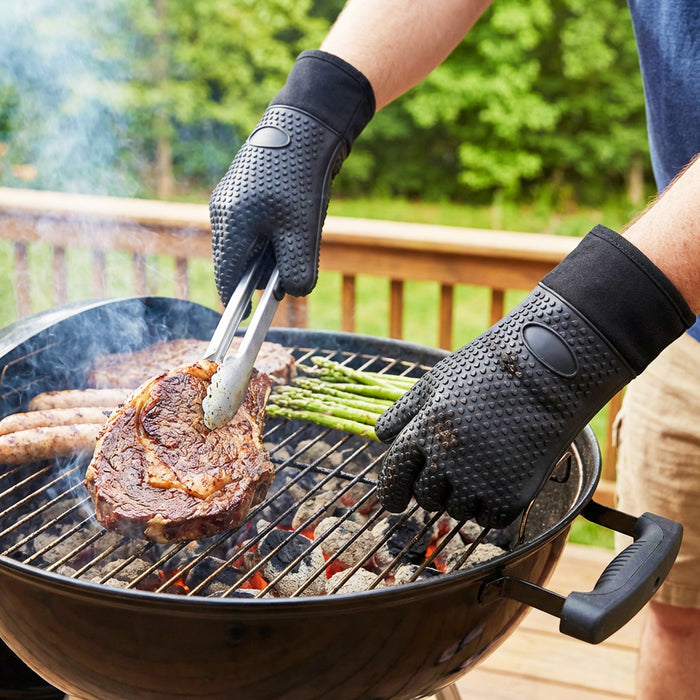 BBQ Grilling Gloves Heat Resistant Non Slip Silicone Forearm Protection Barbecue Grill Oven Mitts (Large, Black)