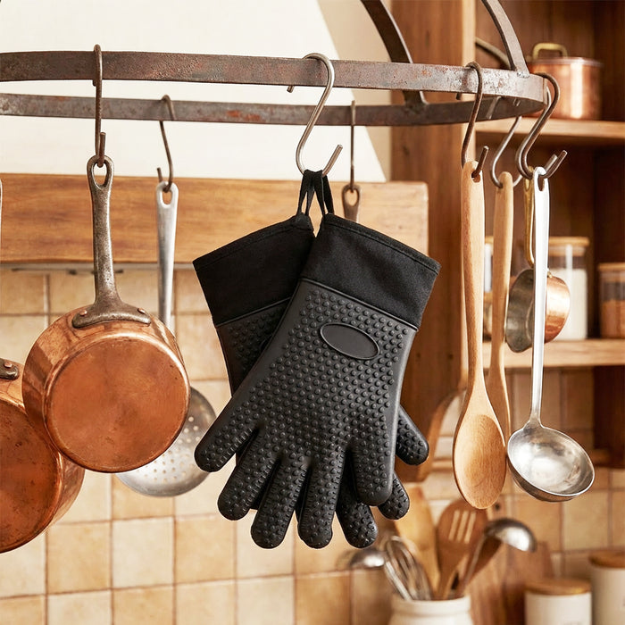 BBQ Grilling Gloves Heat Resistant Non Slip Silicone Forearm Protection Barbecue Grill Oven Mitts (Large, Black)