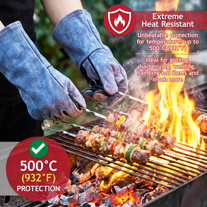 Welding Gloves BBQ Grill Oven 500°C / 932°F Extreme Heat Resistant Leather Gauntlets (Size 10, XL, 16" Extra Long)