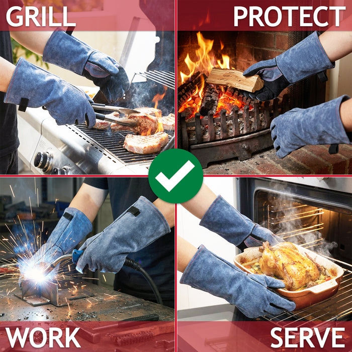 Welding Gloves BBQ Grill Oven 500°C / 932°F Extreme Heat Resistant Leather Gauntlets (Size 10, XL, 16" Extra Long)