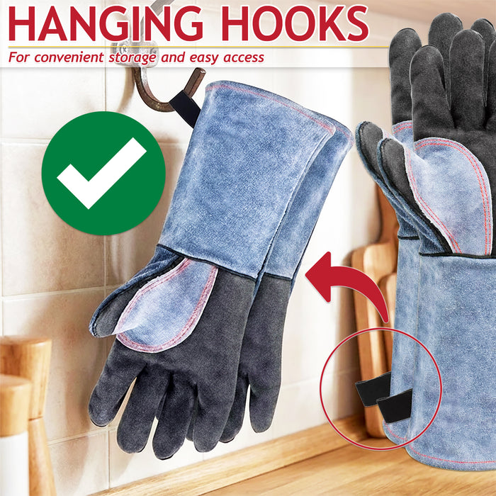Welding Gloves BBQ Grill Oven 500°C / 932°F Extreme Heat Resistant Leather Gauntlets (Size 10, XL, 16" Extra Long)