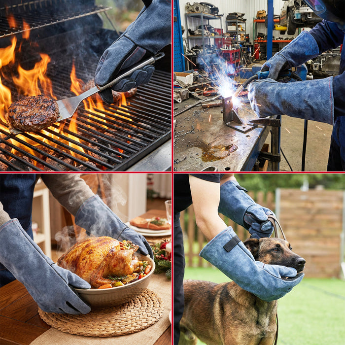 Welding Gloves BBQ Grill Oven 500°C / 932°F Extreme Heat Resistant Leather Gauntlets (Size 10, XL, 16" Extra Long)