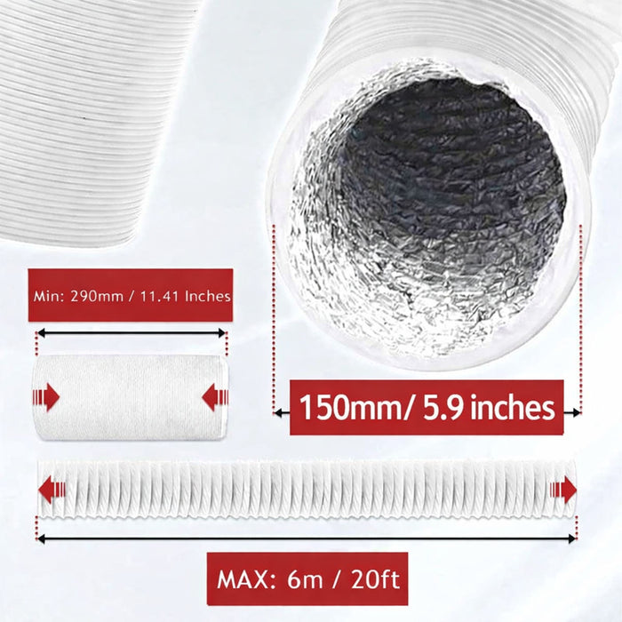Universal Air Conditioning Duct Hose 5.9" 15cm 6 Metre Aluminium Foil Insulated PVC Flexible AC Vent Pipe