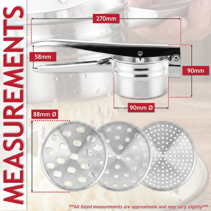 Stainless Steel Potato Ricer Masher Vegetable Fruit Puree Juice Presser Crusher Tool (with 3 Changeable Thickness Discs)