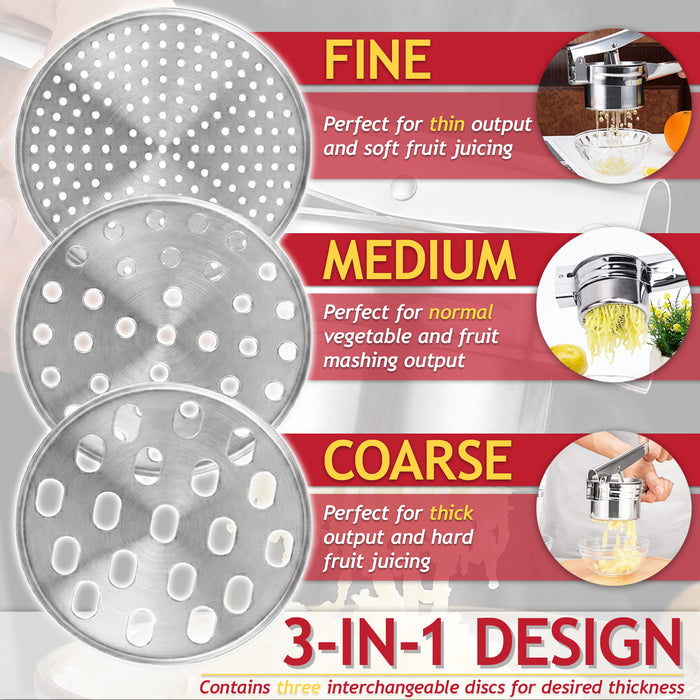 Stainless Steel Potato Ricer Masher Vegetable Fruit Puree Juice Presser Crusher Tool (with 3 Changeable Thickness Discs)