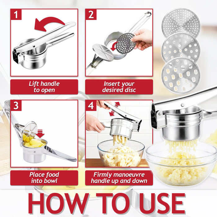 Stainless Steel Potato Ricer Masher Vegetable Fruit Puree Juice Presser Crusher Tool (with 3 Changeable Thickness Discs)