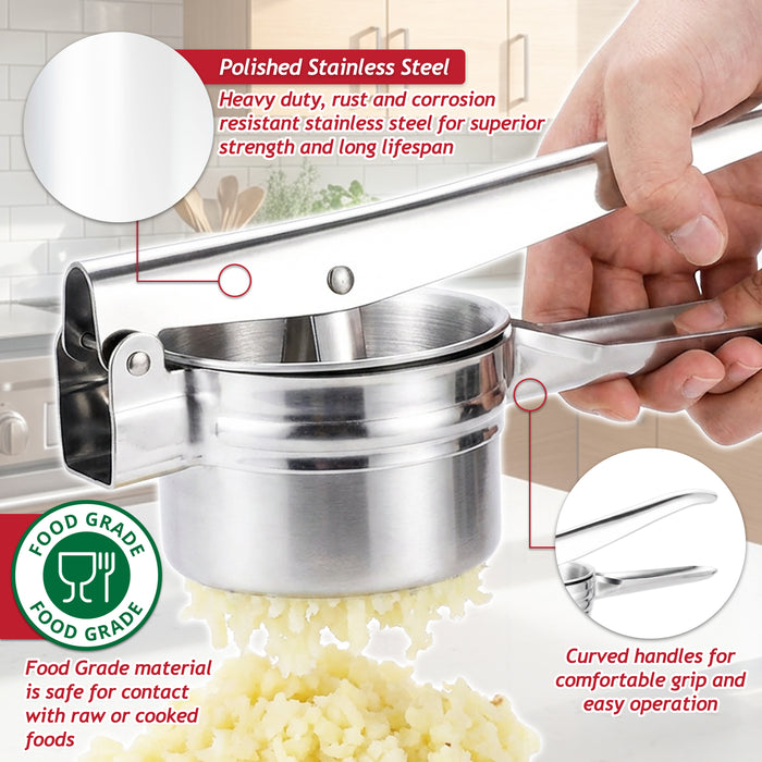 Stainless Steel Potato Ricer Masher Vegetable Fruit Puree Juice Presser Crusher Tool (with 3 Changeable Thickness Discs)