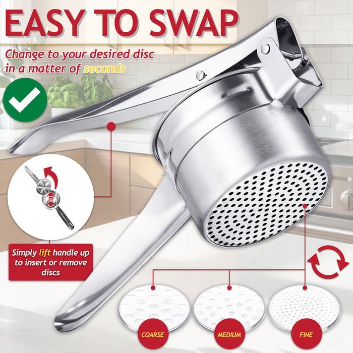 Stainless Steel Potato Ricer Masher Vegetable Fruit Puree Juice Presser Crusher Tool (with 3 Changeable Thickness Discs)