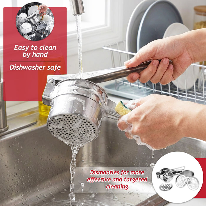Stainless Steel Potato Ricer Masher Vegetable Fruit Puree Juice Presser Crusher Tool (with 3 Changeable Thickness Discs)