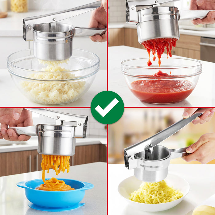 Stainless Steel Potato Ricer Masher Vegetable Fruit Puree Juice Presser Crusher Tool (with 3 Changeable Thickness Discs)
